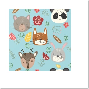 Woodland animals kids pattern blue background Posters and Art